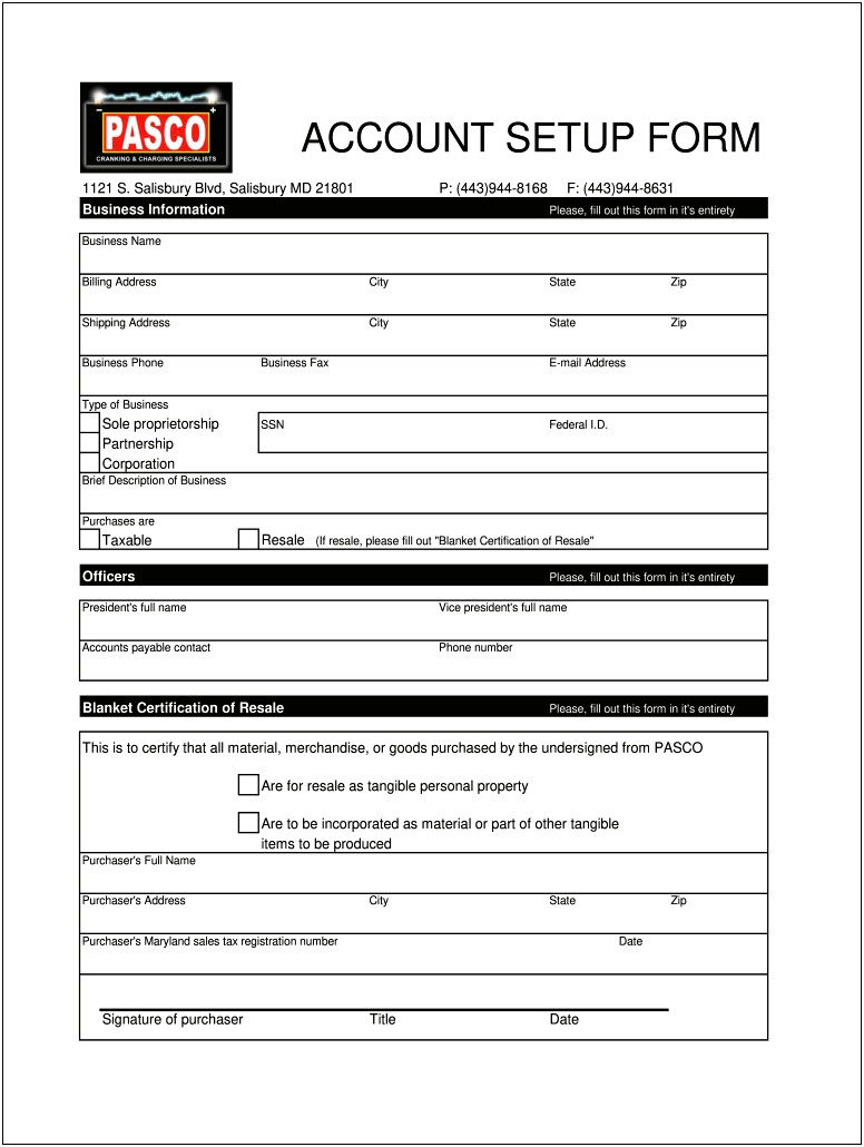 Free New Customer Account Form Template