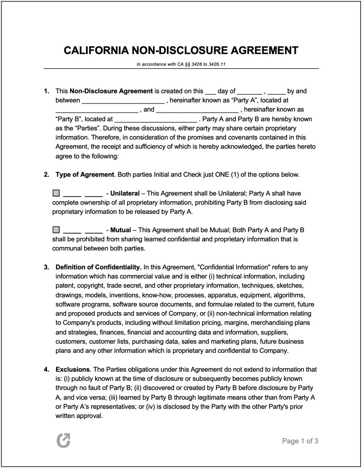 Free Non Disclosure Agreement Template For California