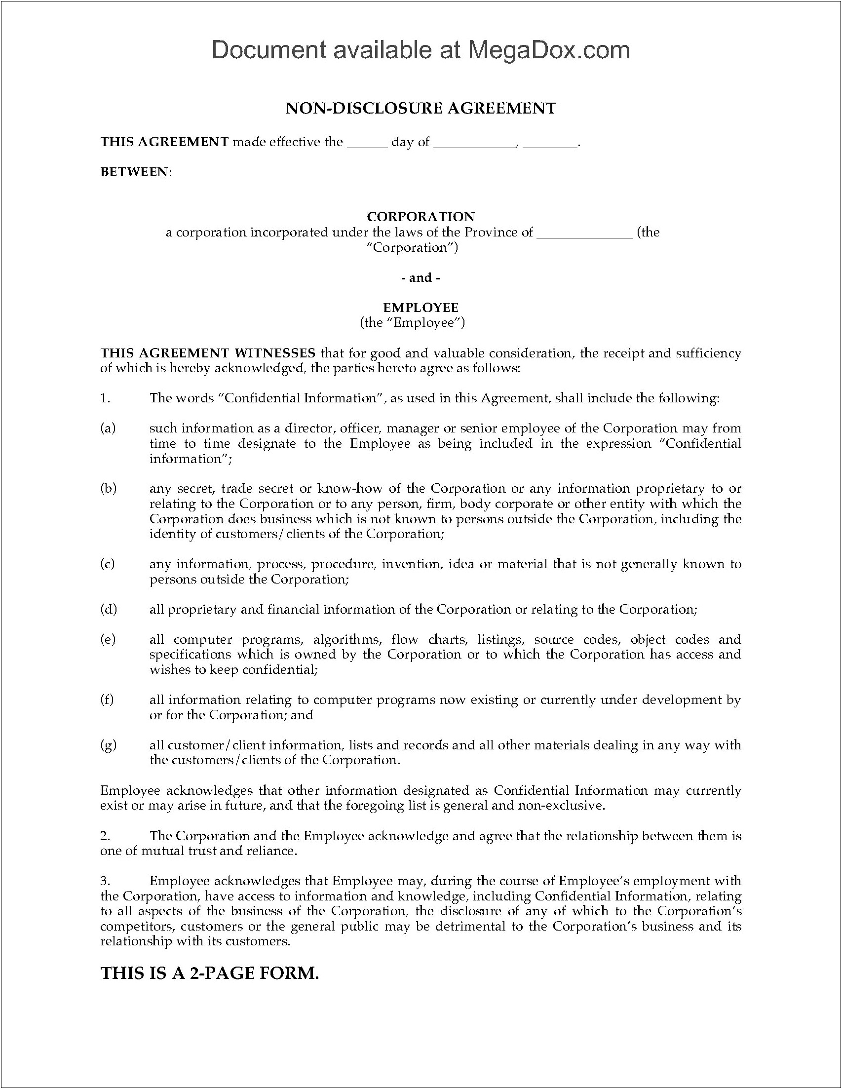 Free Non Disclosure Agreement Template Ontario