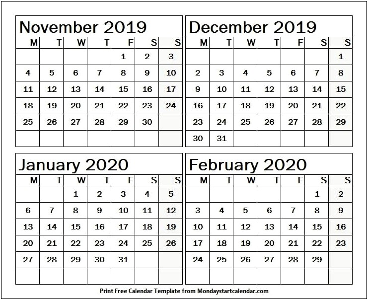 Free November 2019 To December 2020 Calendar Template