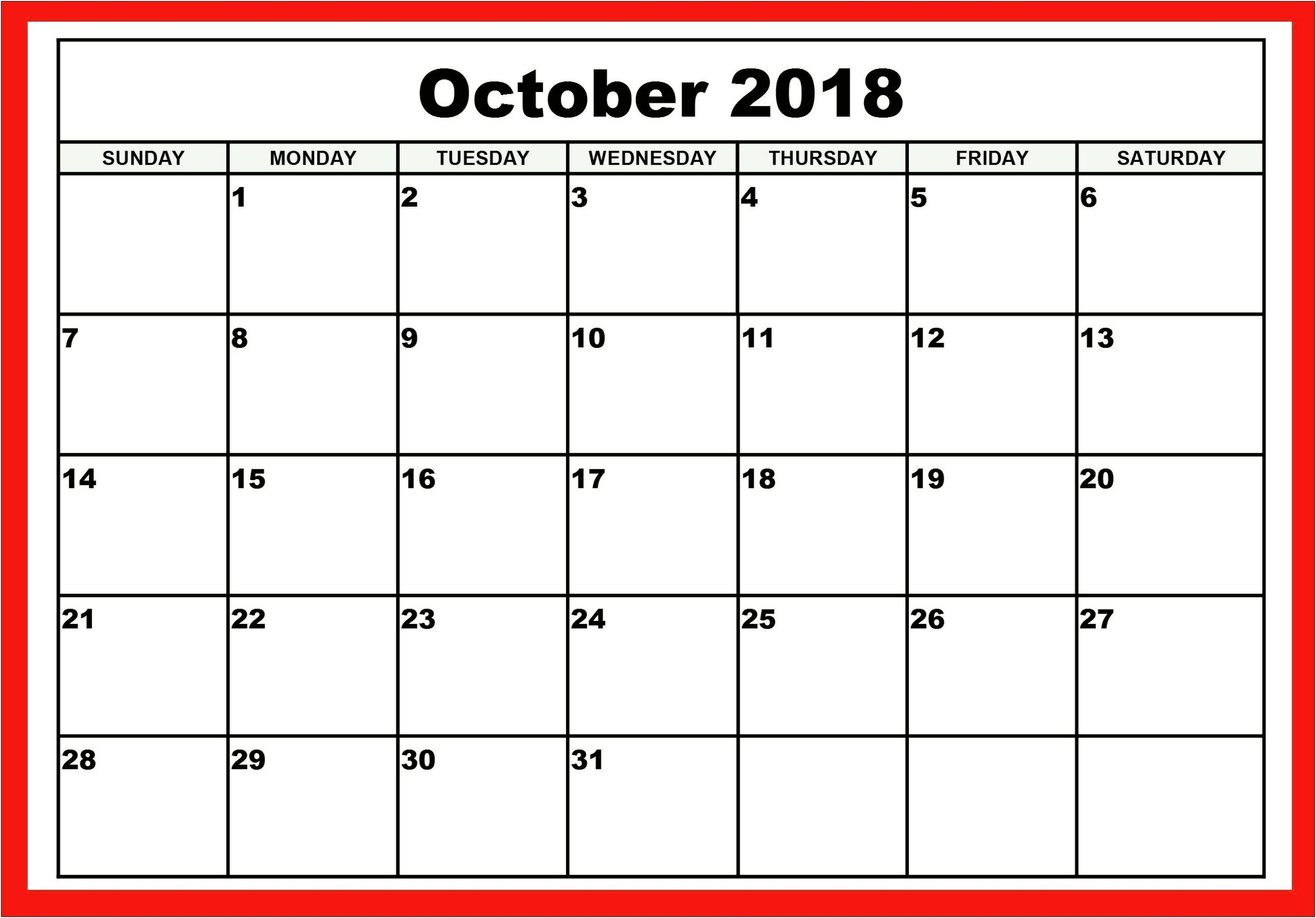Free October 2018 Printable Calendar Templates