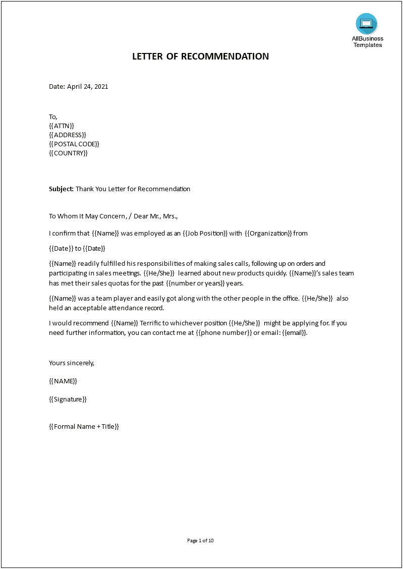 Free Online Letter Of Recommendation Template