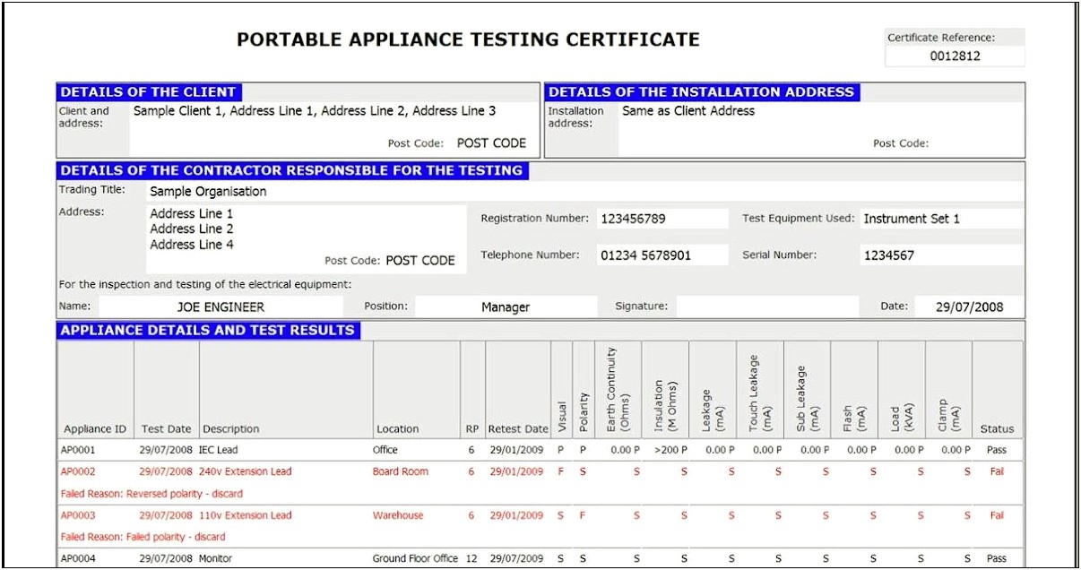 Free Portable Appliance Test Certificate Template