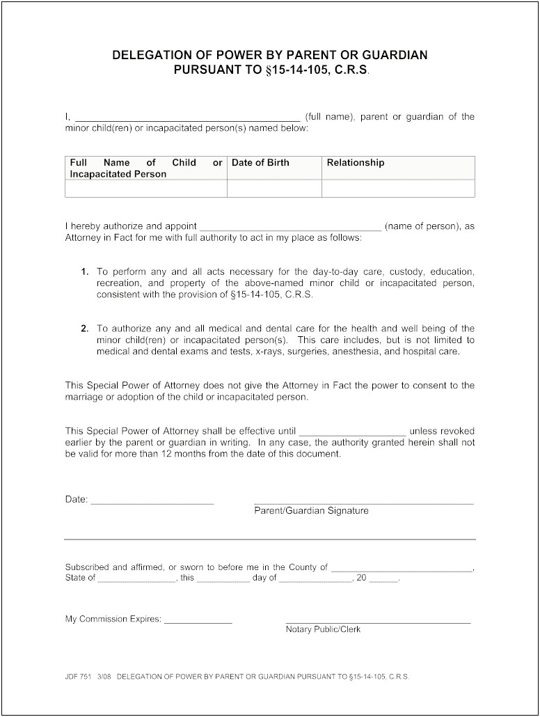Free Power Of Attorney For Child Template