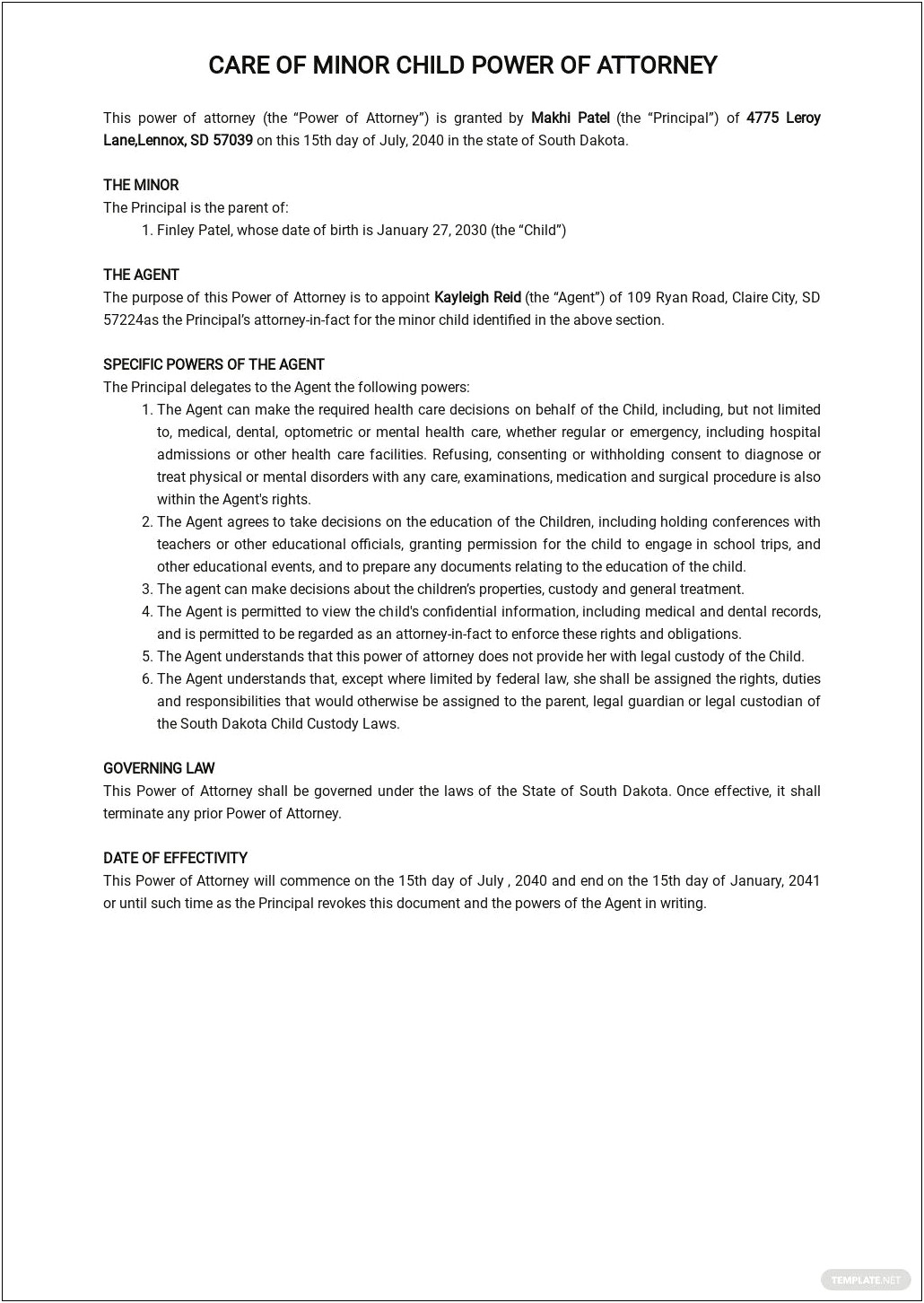 Free Power Of Attorney For Minor Child Template