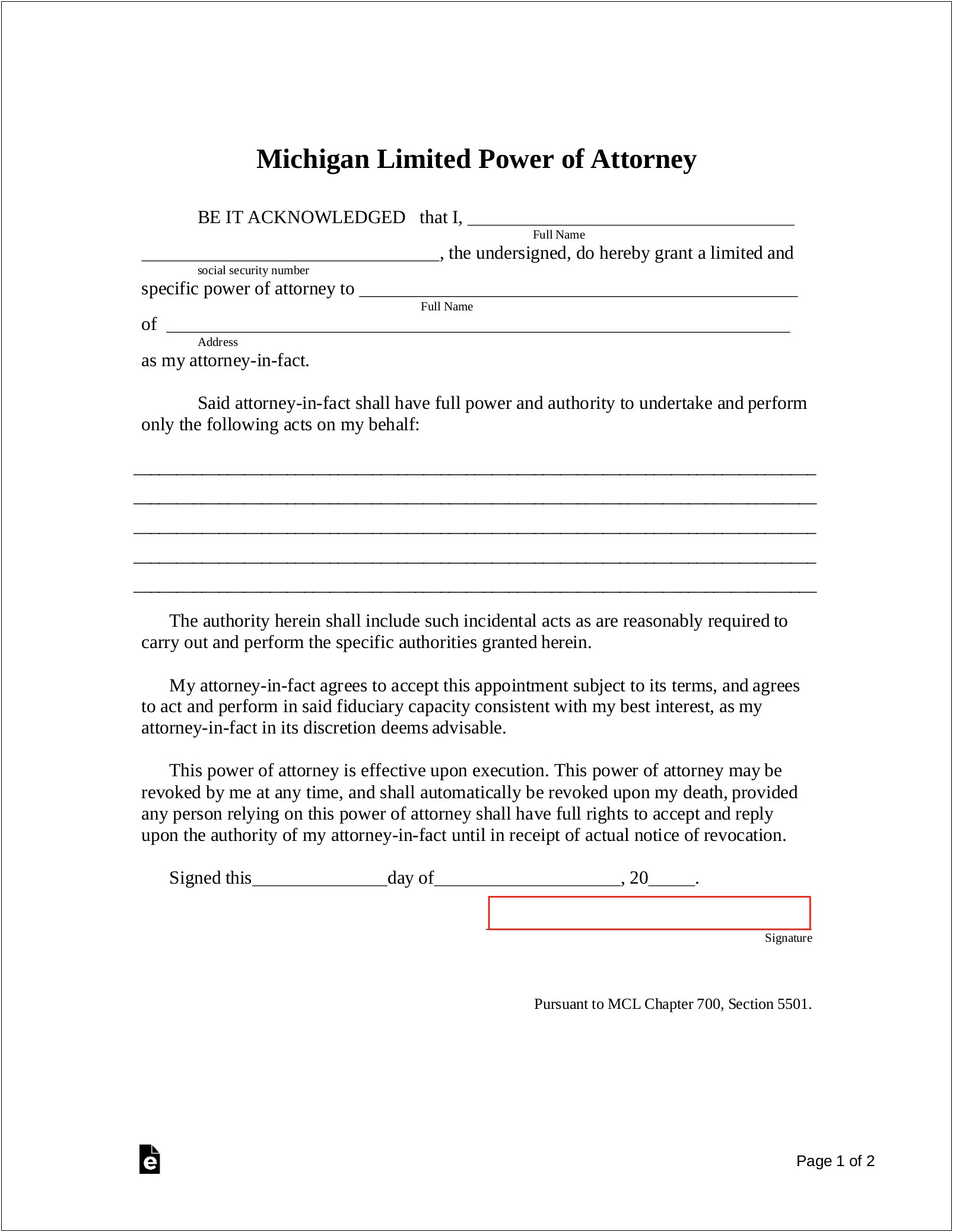 Free Power Of Attorney Template Michigan