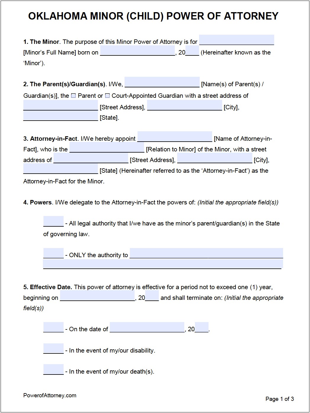 Free Power Of Attorney Temporary Guardianship Template