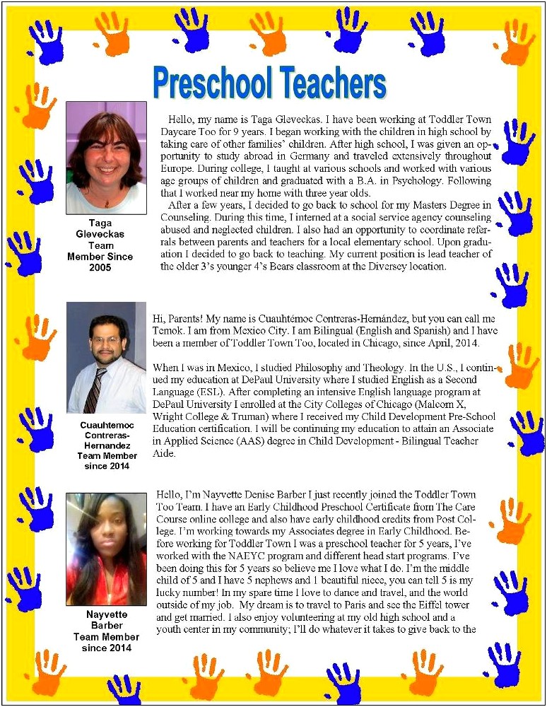 Free Pre K Teacher Bio Template