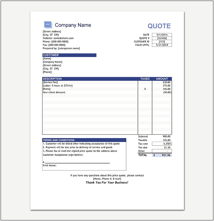 Free Price Quote Template For Google Docs