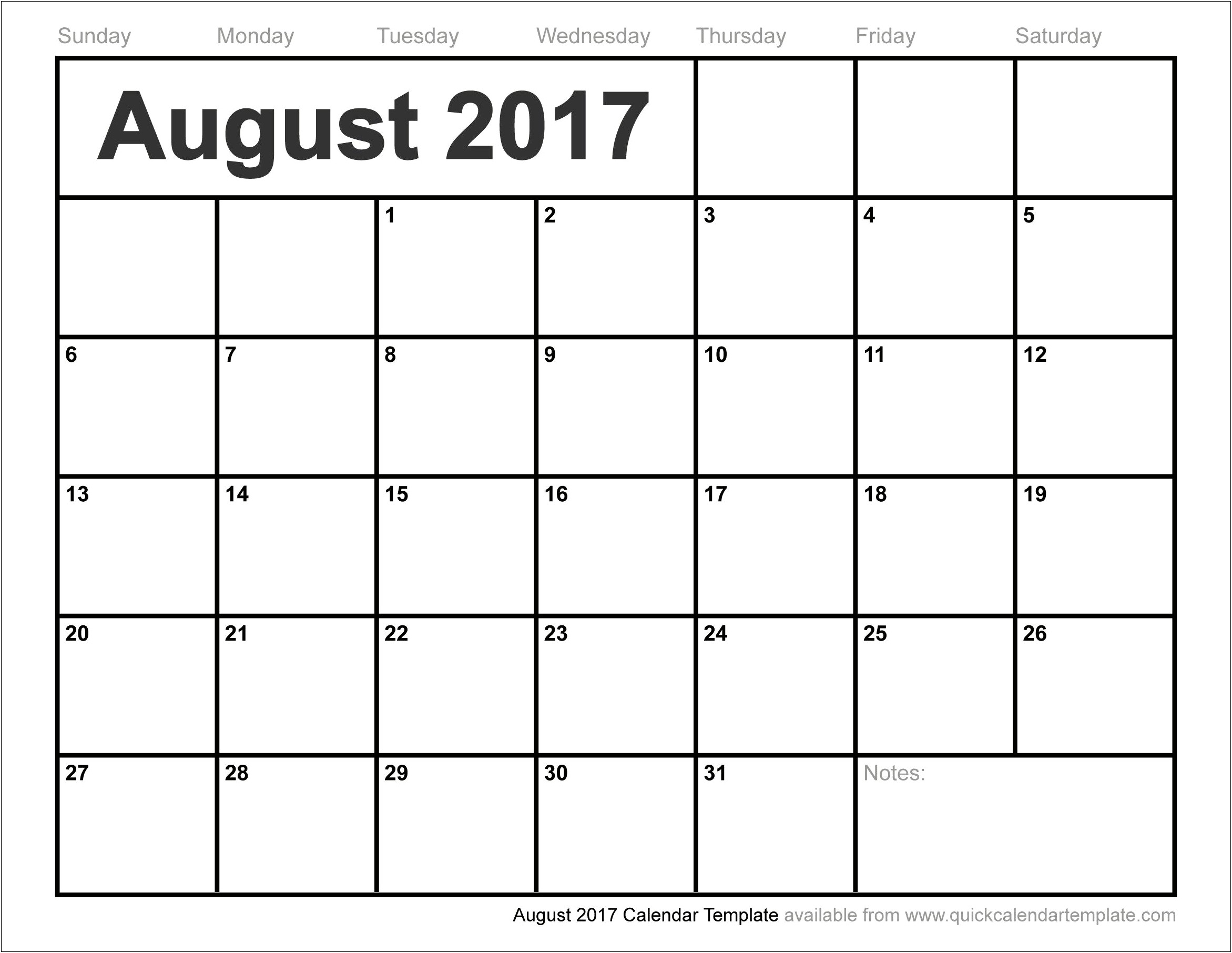 Free Printable August 2017 Calendar Template