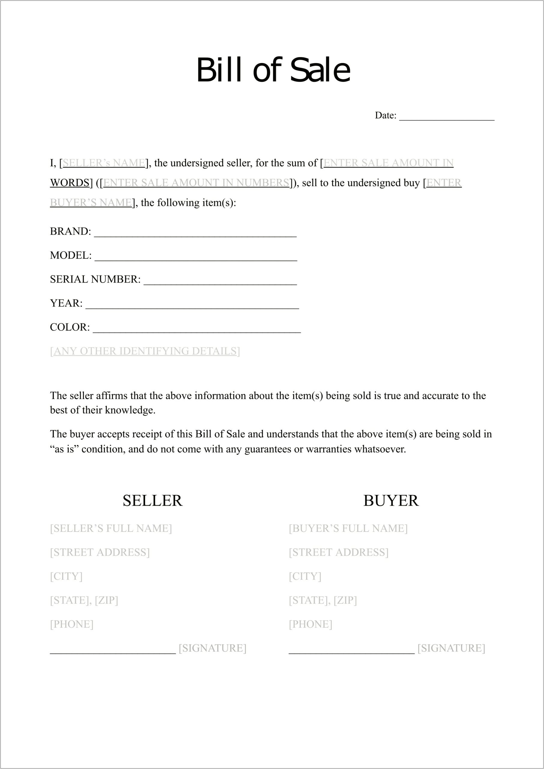 Free Printable Bill Of Sale Template Word