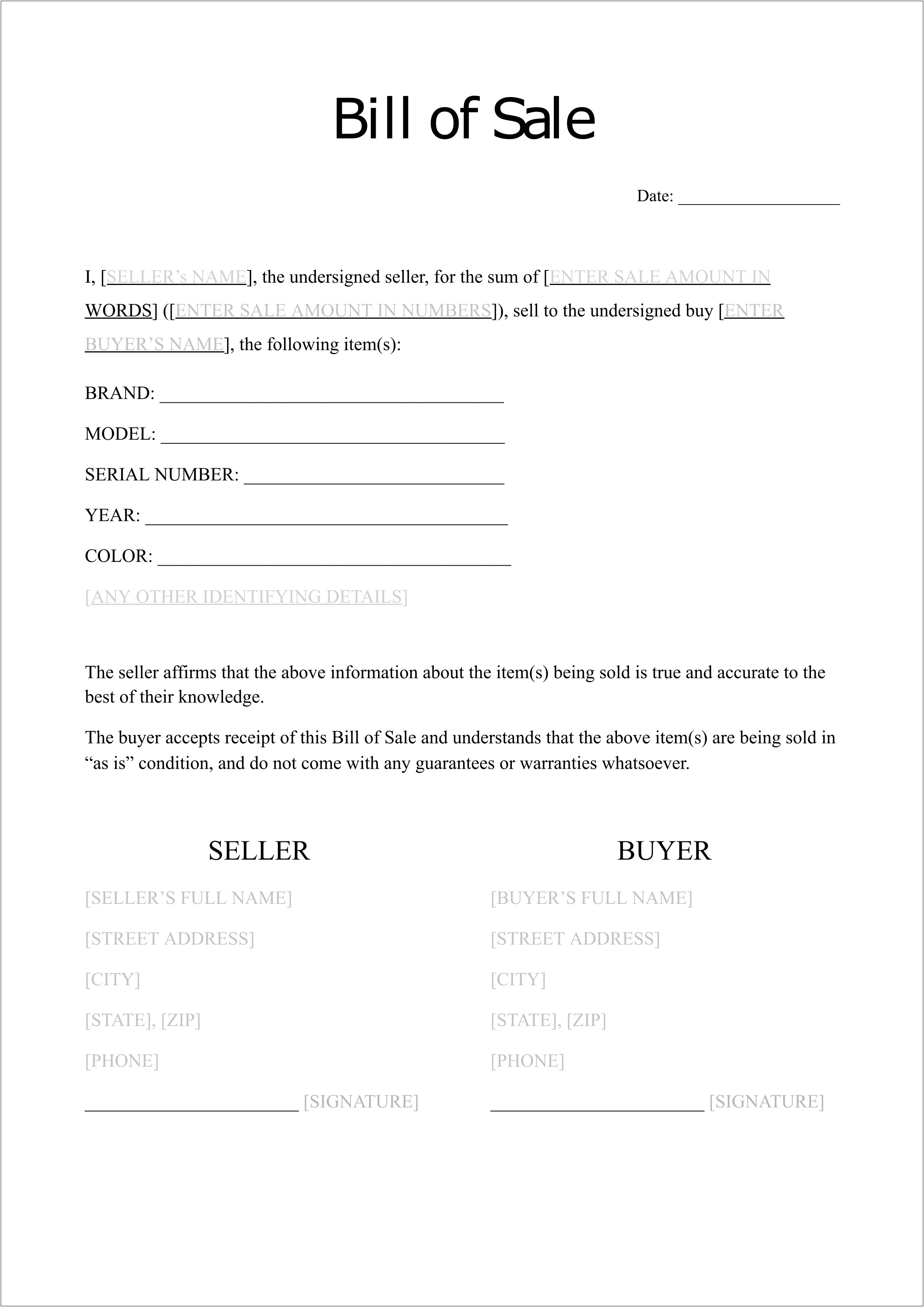 Free Printable Bill Of Sale Template Word