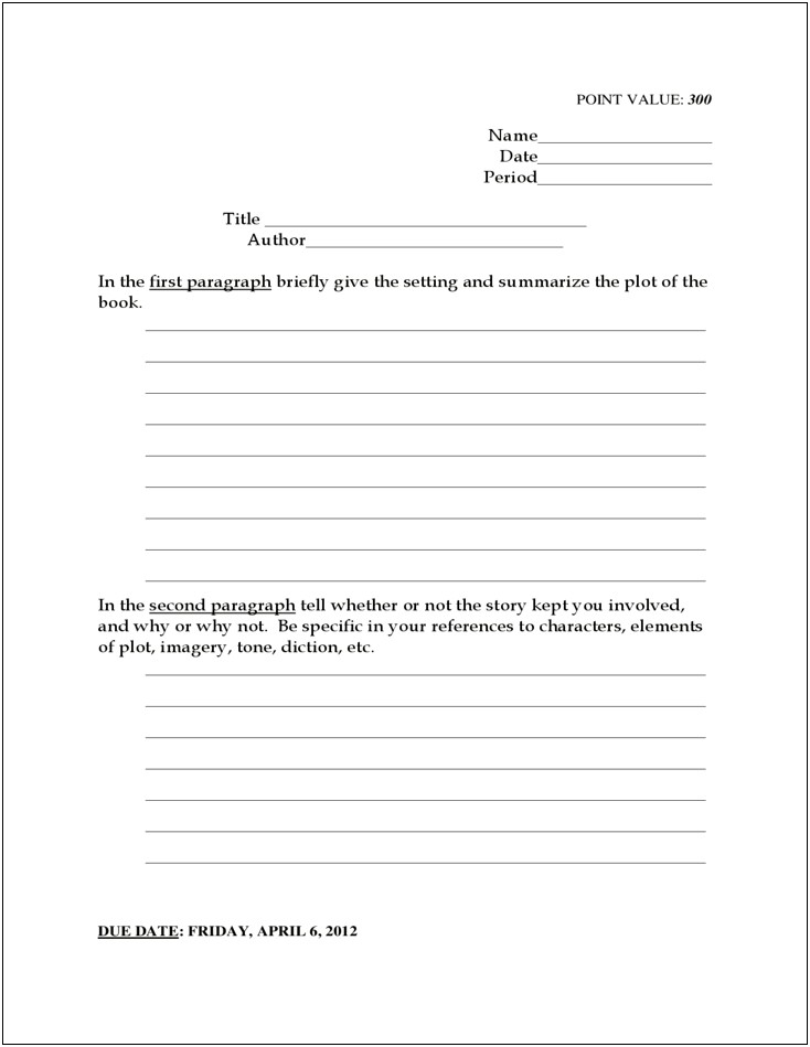 Free Printable Book Report Template 4th Grade