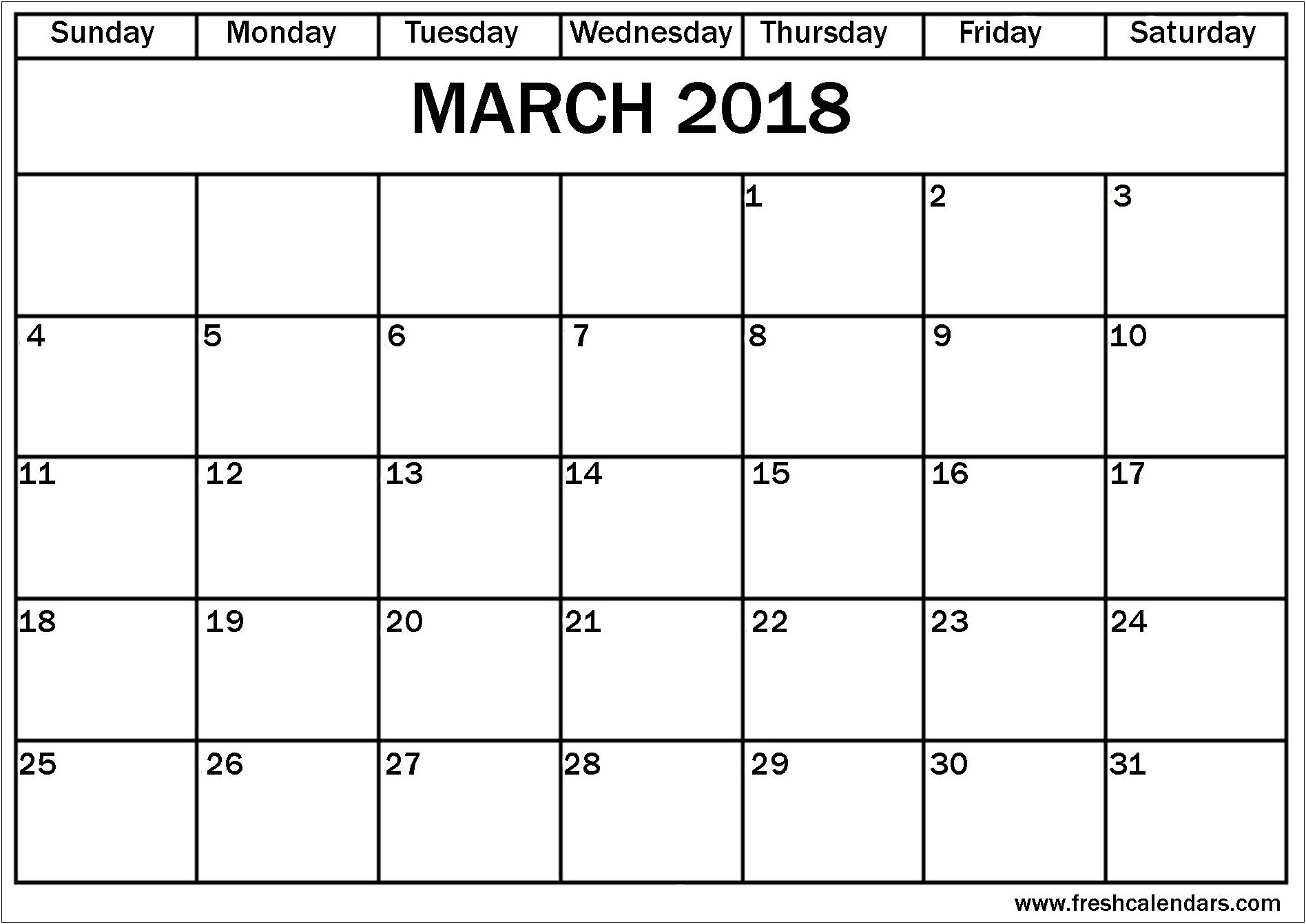 Free Printable Calendar Template March 2018