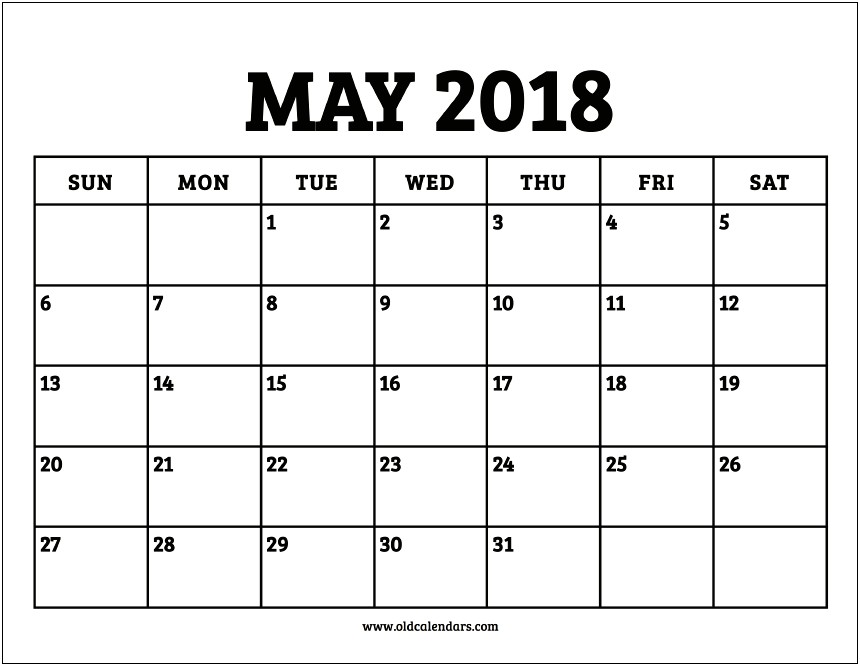 Free Printable Calendar Template May 2018