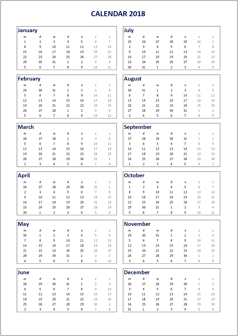 Free Printable Calendars Templates 2018 2019