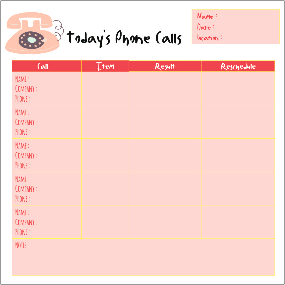 Free Printable Customer Call Log Template