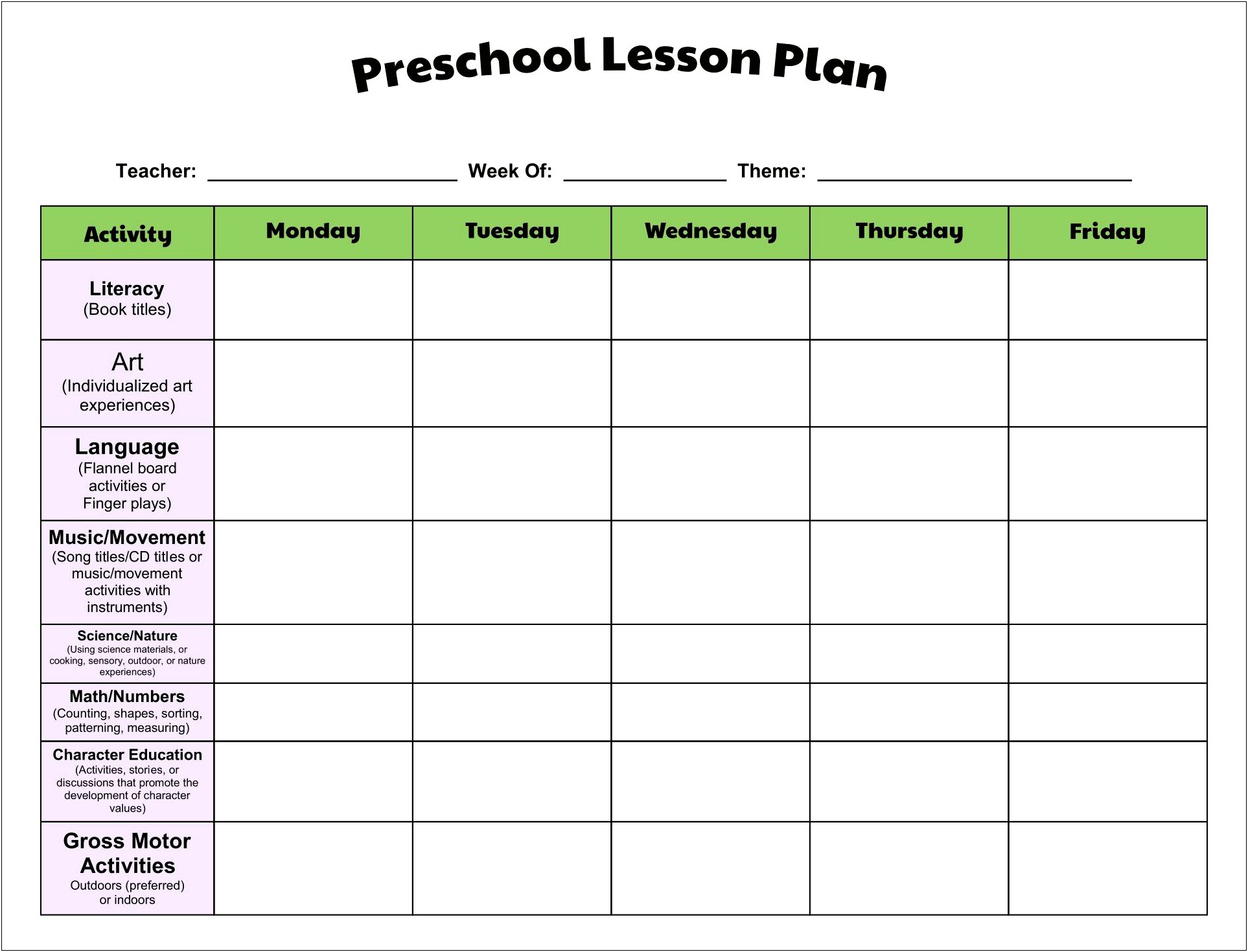 Free Printable Daycare Lesson Plan Template
