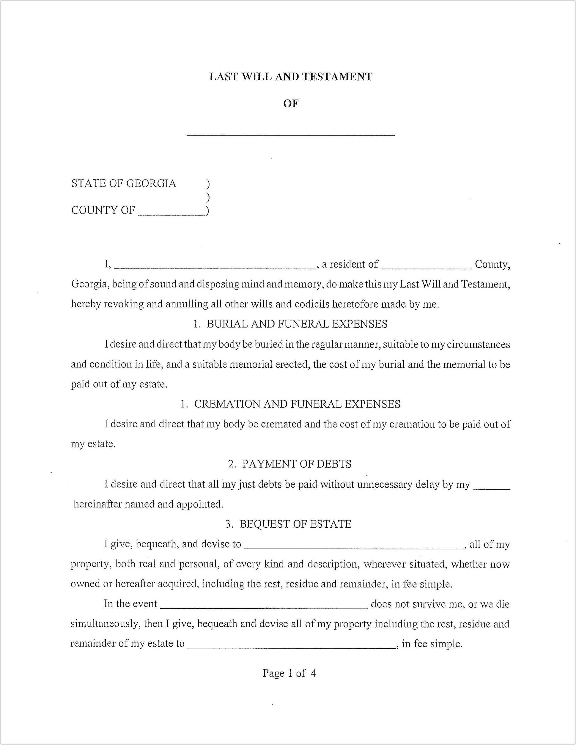 Free Printable Template For A Will