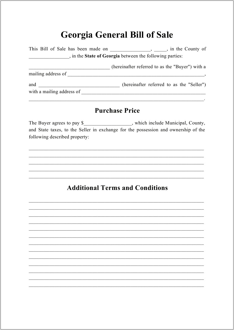 Free Property Bill Of Sale Template Ga