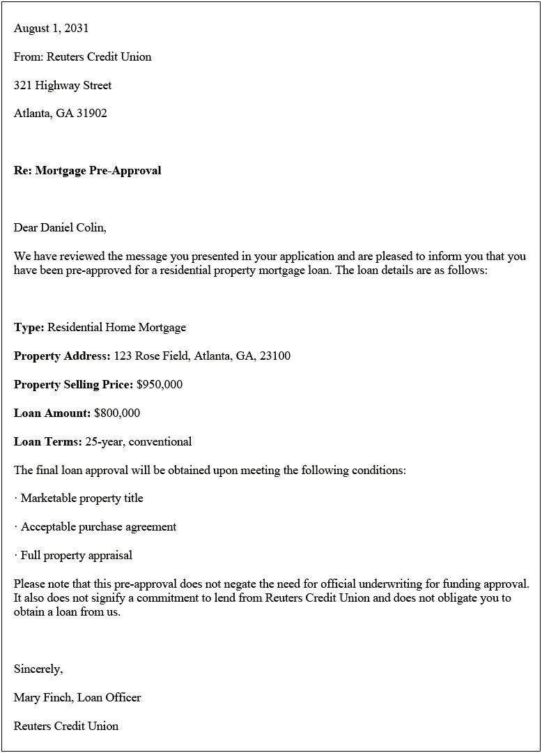 Free Purchase Pre Approval Letter Template For Lenders