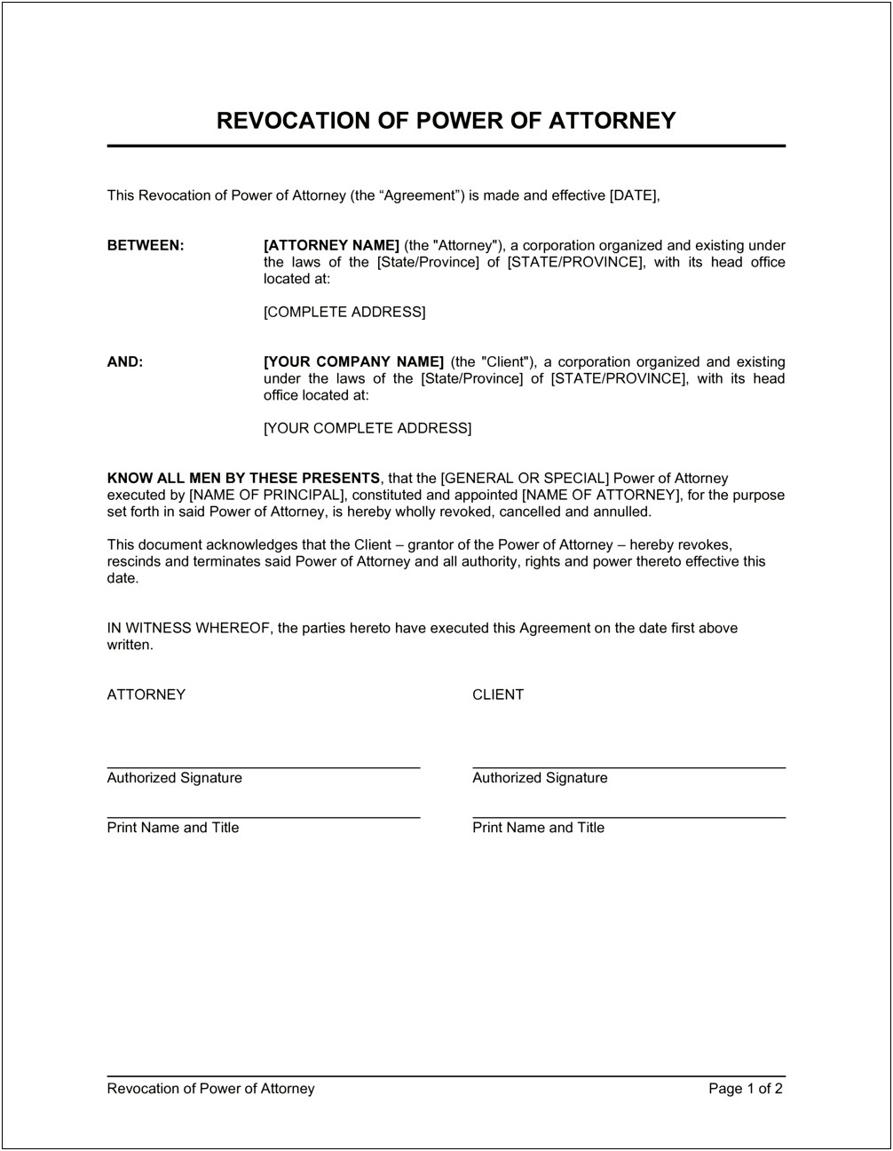 Free Revocation Of Power Of Attorney Template