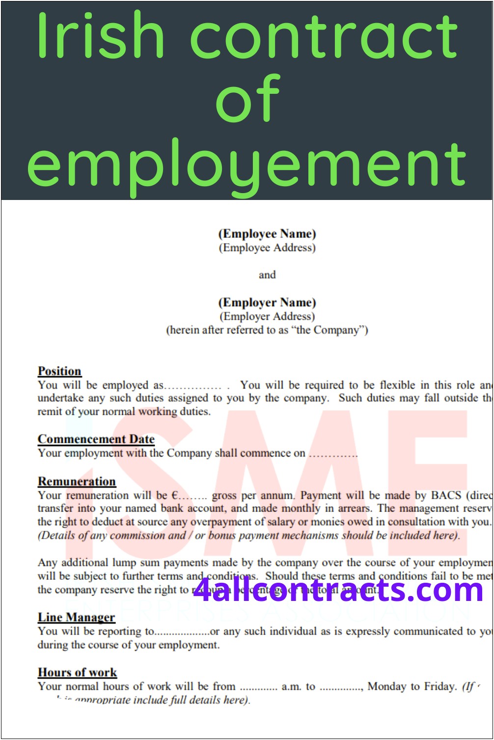 Free Sample Contract Of Employment Template Ireland