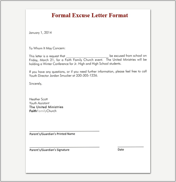 Free School Sick Excuse Letter Word Template