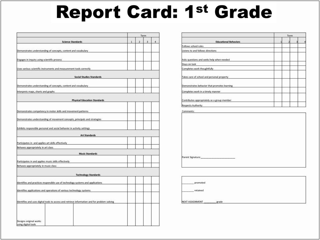 Free Standards Based Report Card For Reading Template