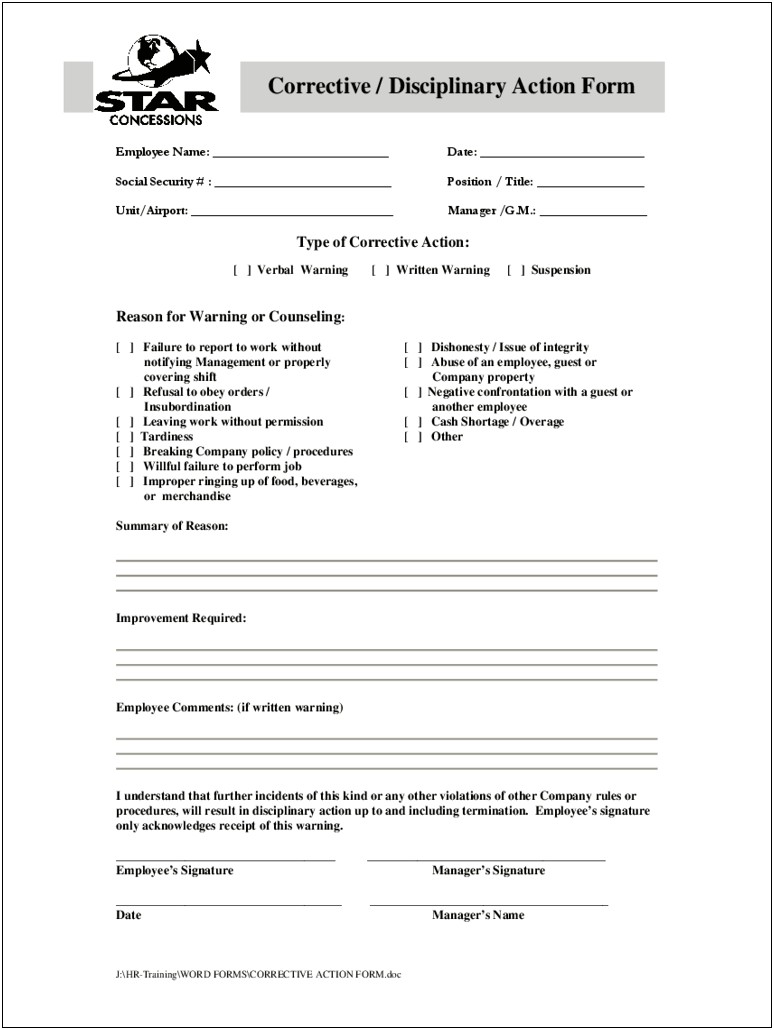 Free Template For Employee Disiplenary Action Forms