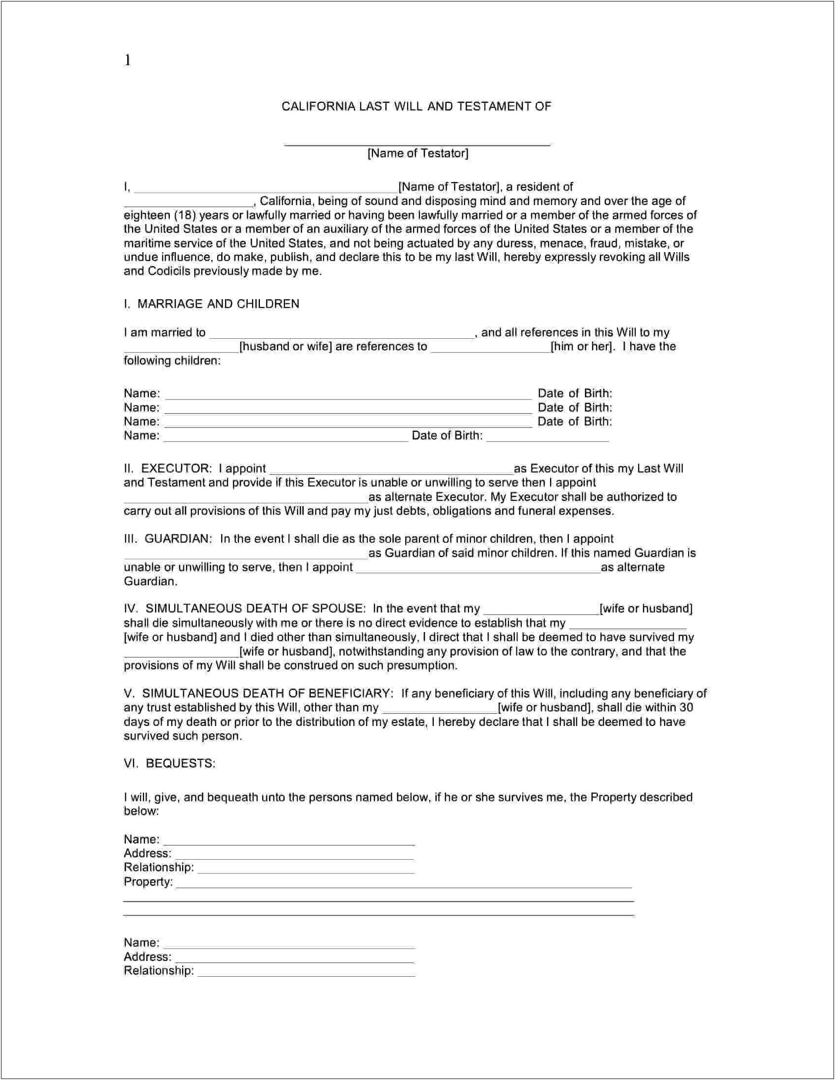 Free Template For Last Will & Testasmont Texas