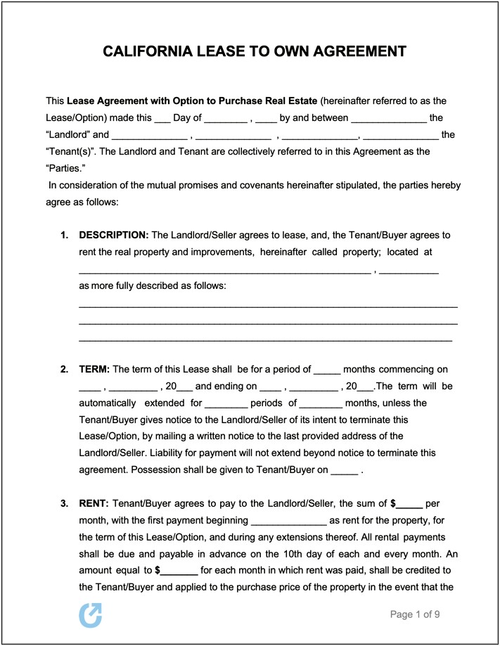 Free Template For Rent To Own Agreement