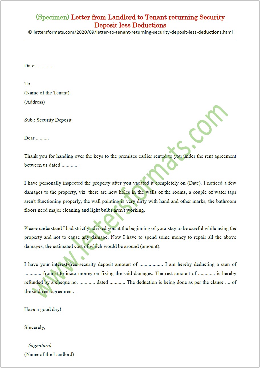 Free Template For Security Deposit Refund Letter