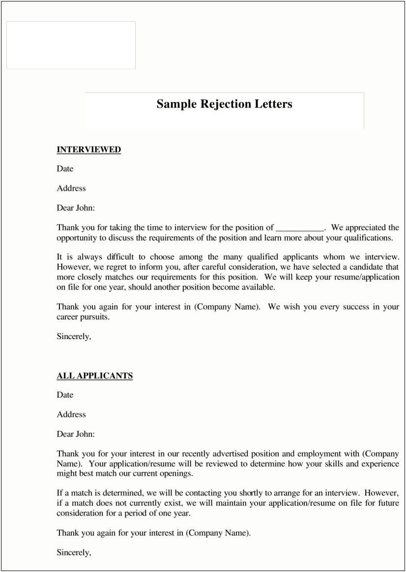 Free Template Letter For Rejecting An Applicant