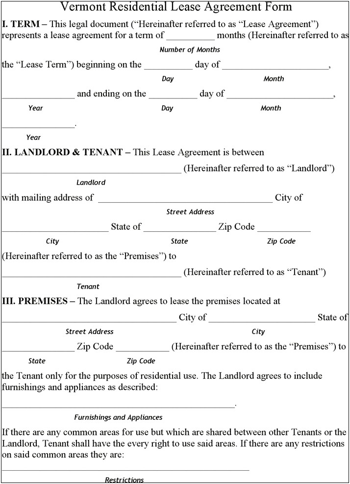 Free Template Residential Subtenant Sublease Agreement Vermont