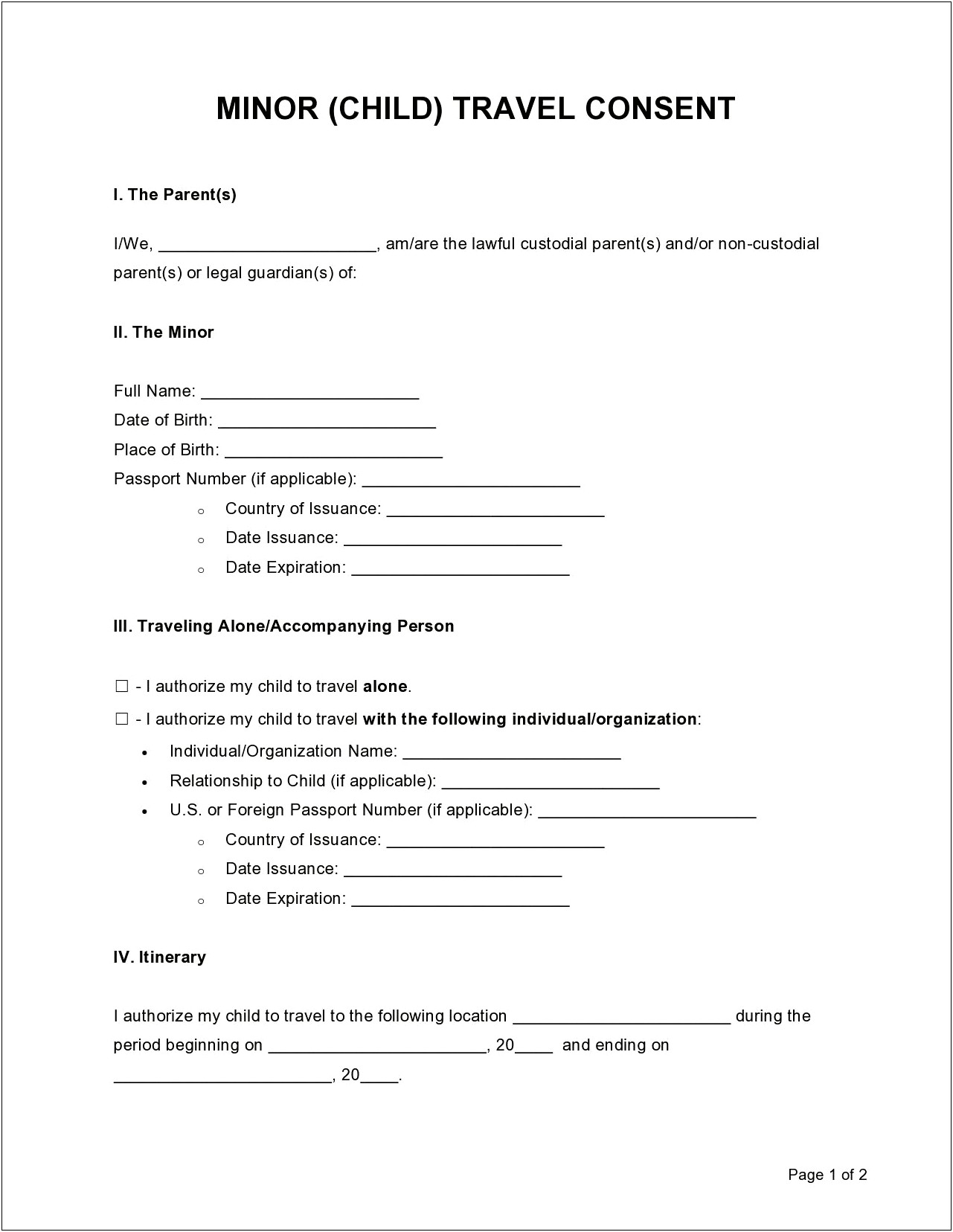 Free Templates For Travelling With Child Conent