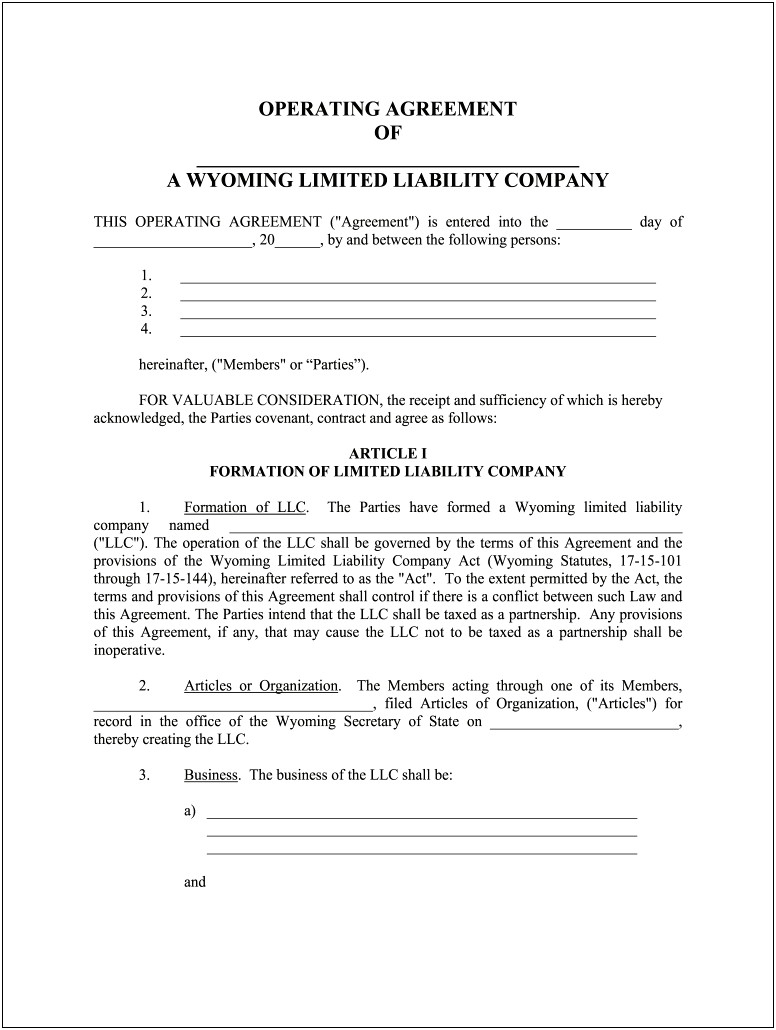 Free Templates For Wyoming Llc Operating Agreements