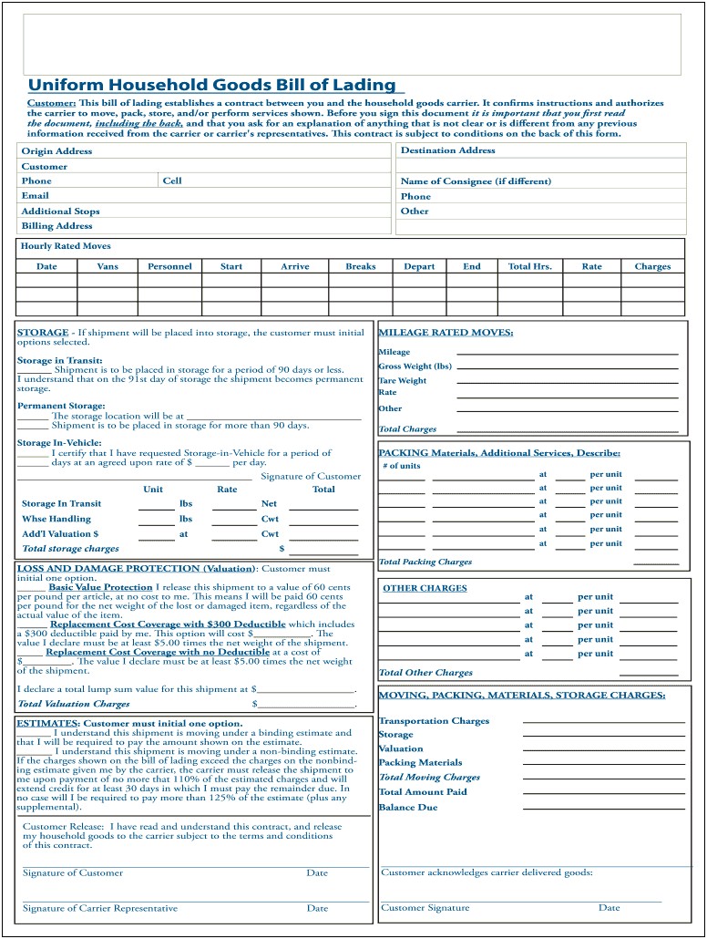 Free Uniform Household Goods Bill Of Lading Template