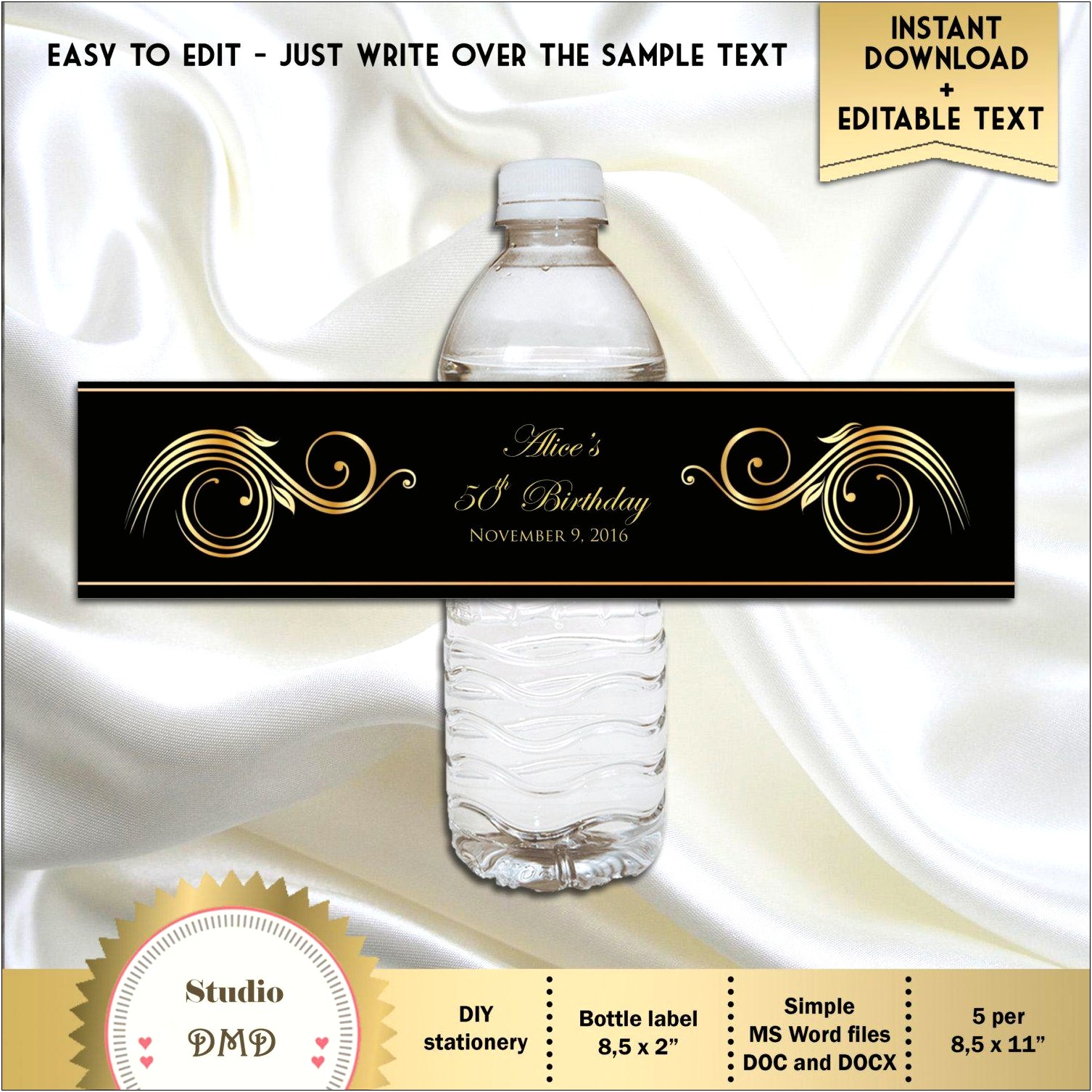 Free Water Bottle Label Template 50th Birthday