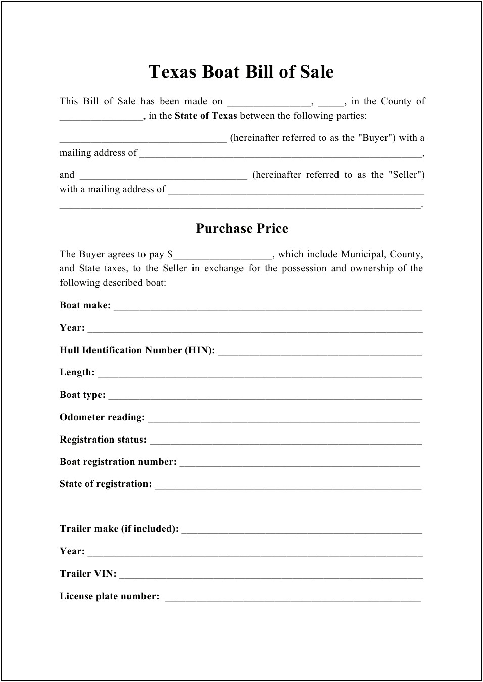 Free Watercraft Bill Of Sale Template