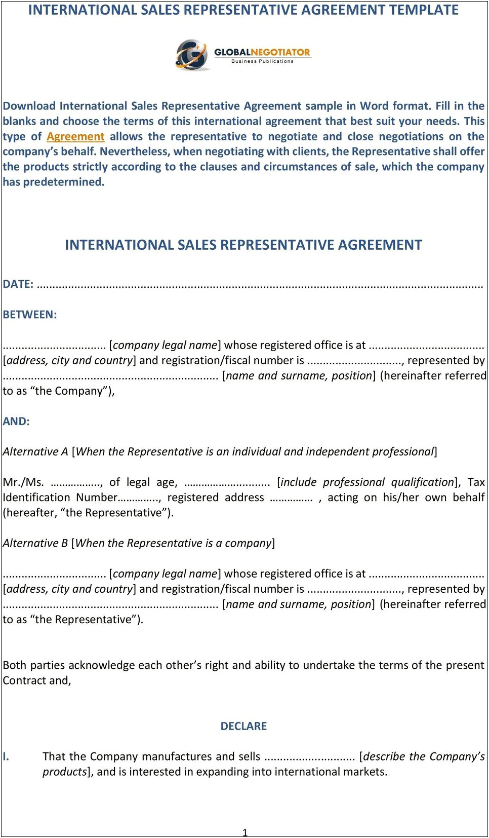 International Sales Representative Agreement Free Template