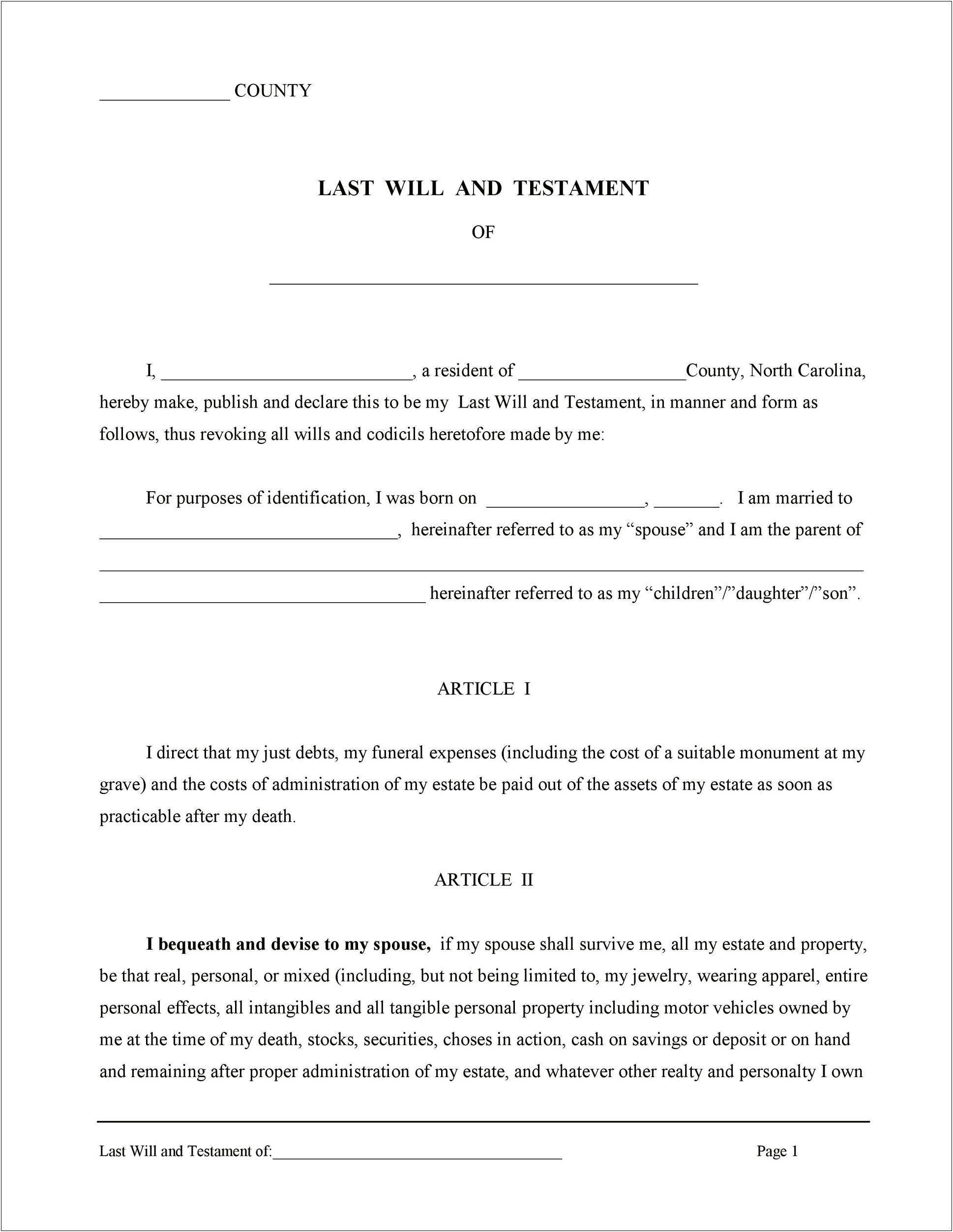 Last Will And Testament Free Template Ireland