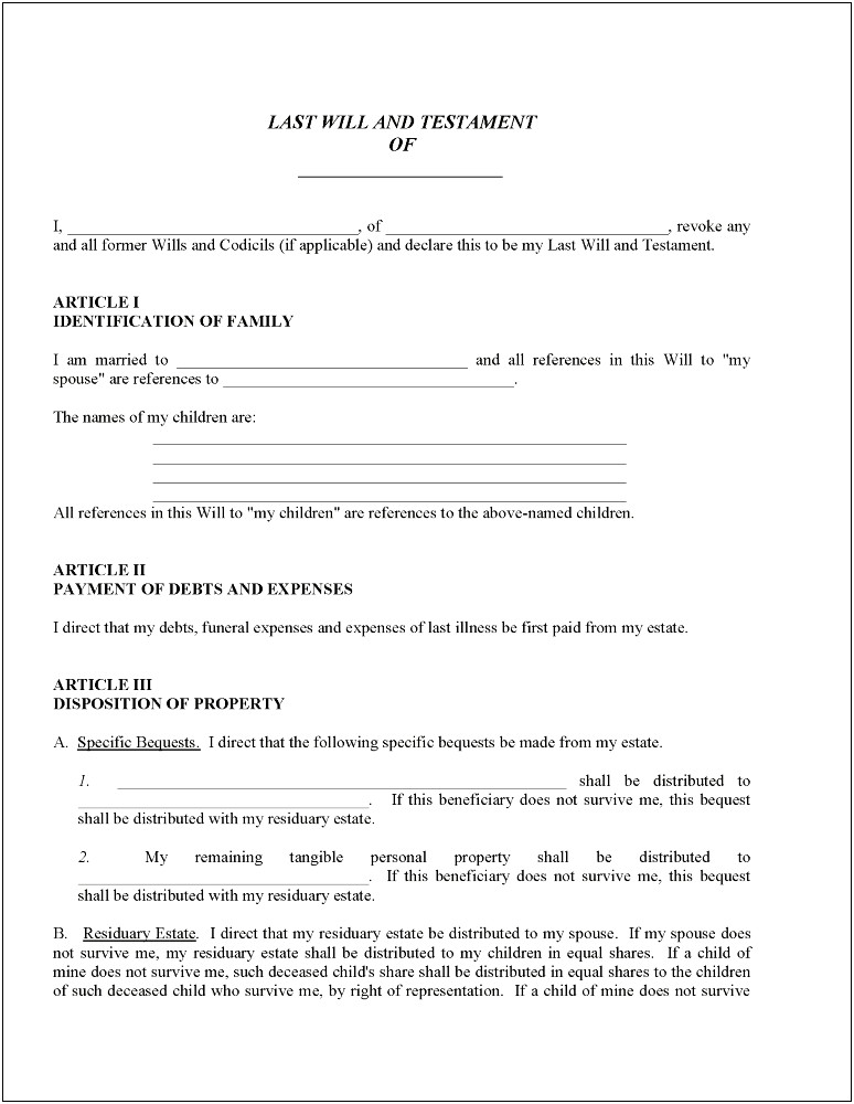 Last Will And Testament Free Template Kentucky