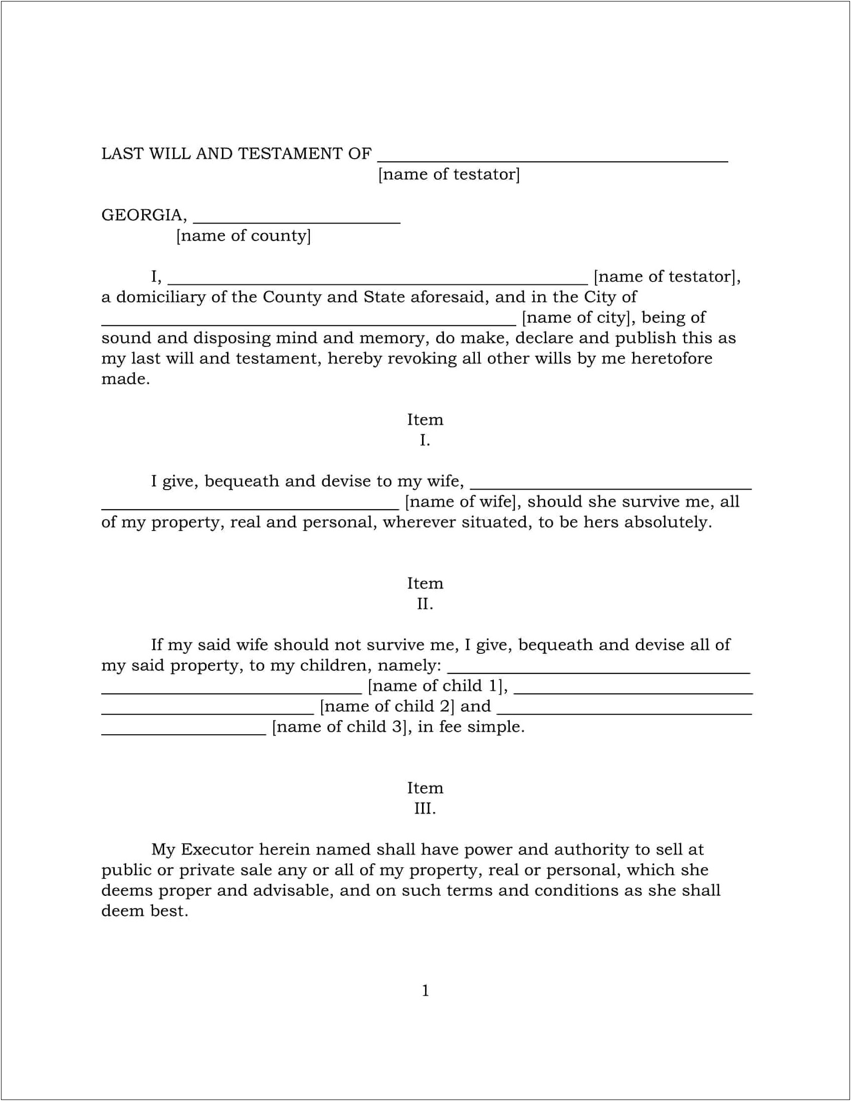 Last Will And Testament Pennsylvania Free Template