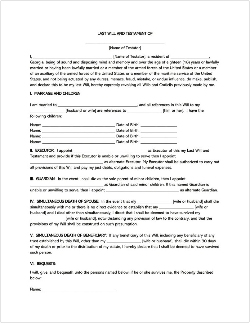 Last Will And Testament Template Free Download Nz