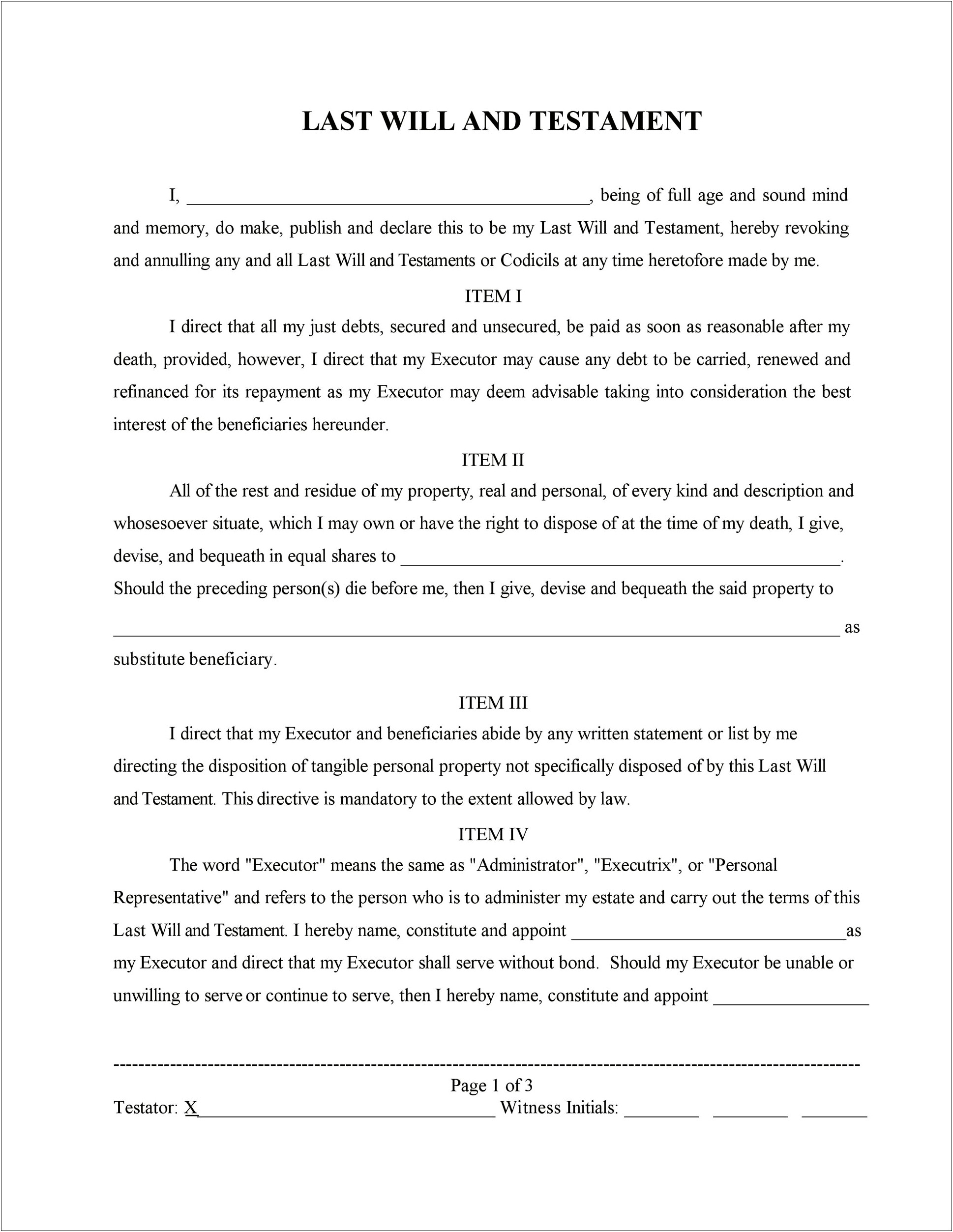 Last Will And Testament Template Maryland Free