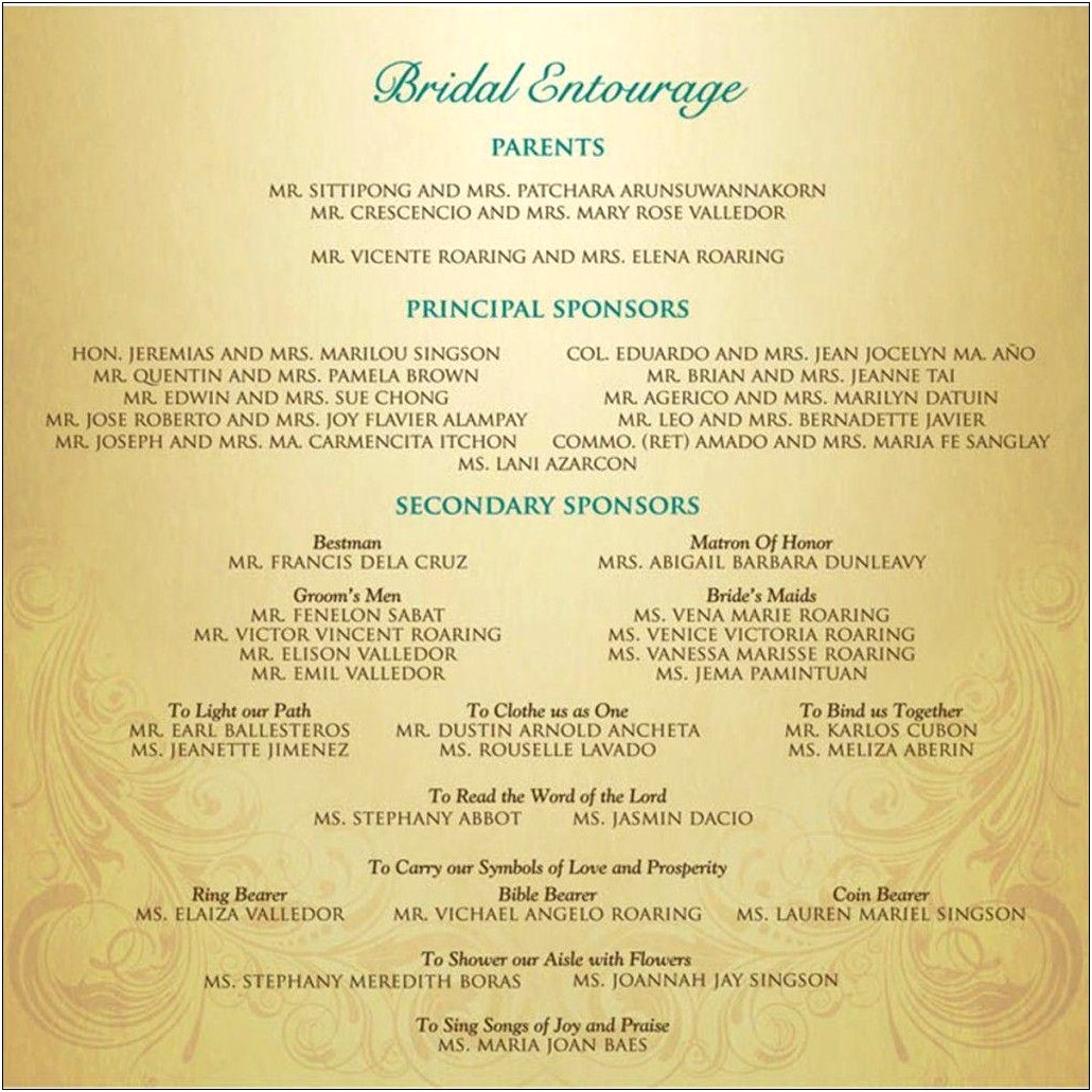 List Of Entourage In Wedding Invitation