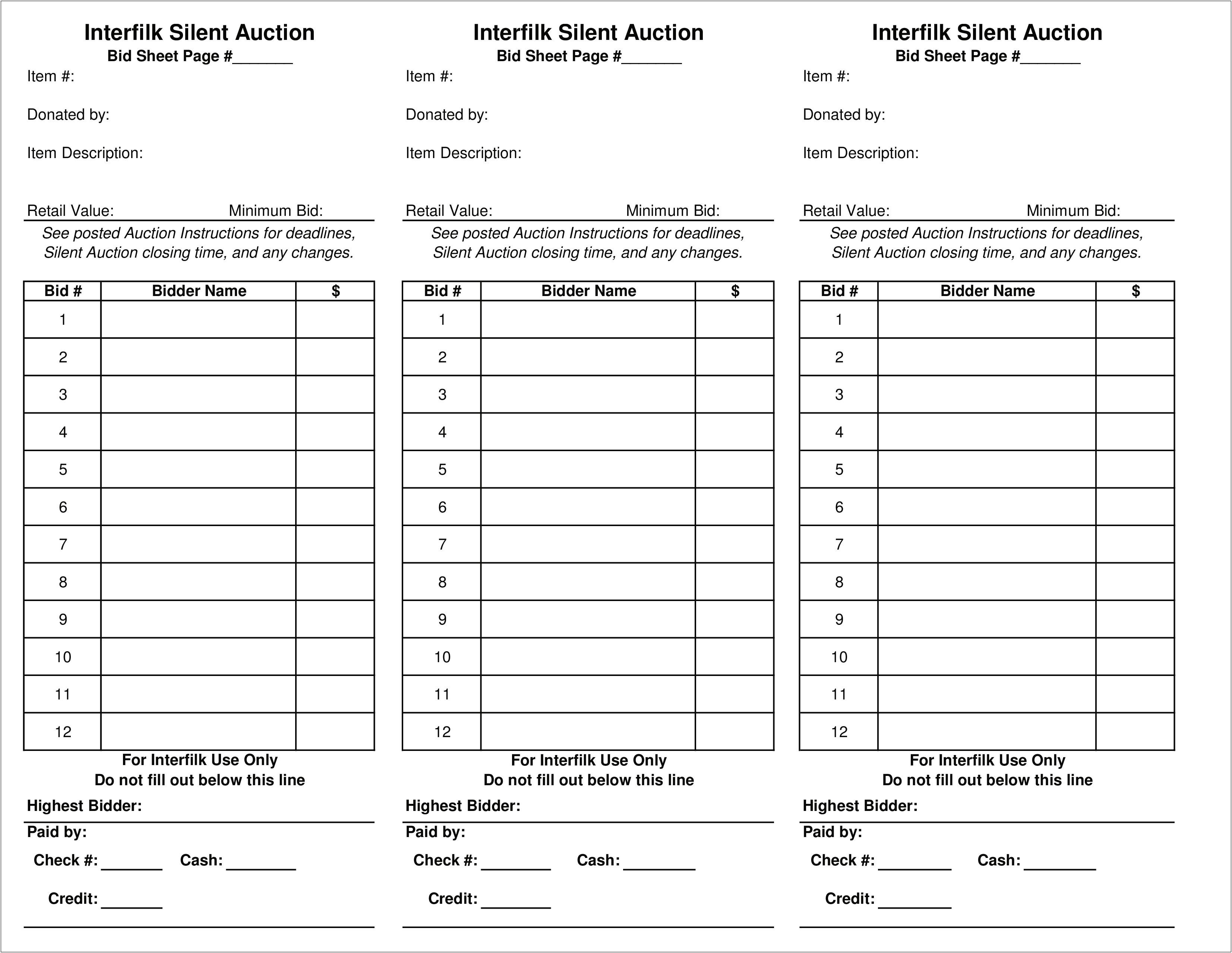 Live Auction Bid Sheet Template Free