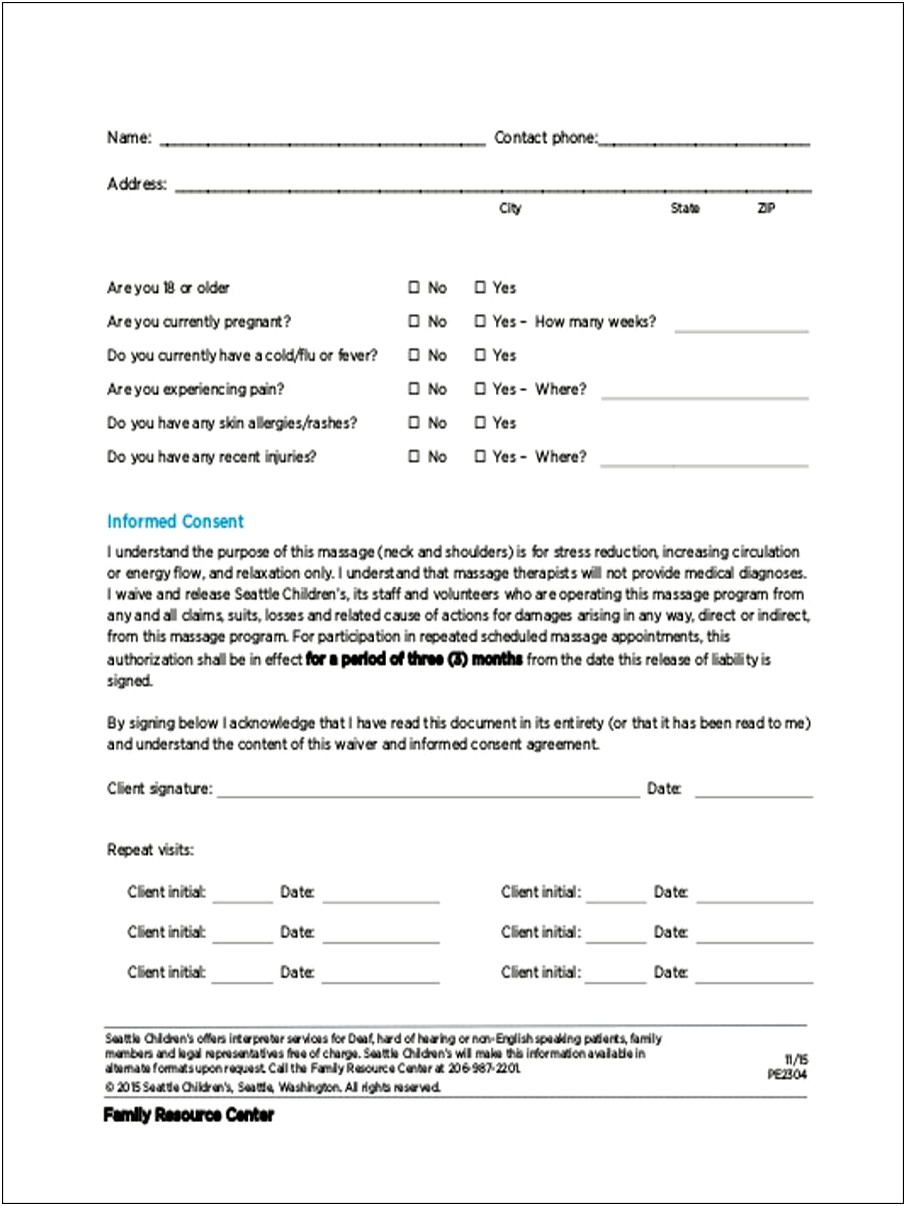 Massage Waiver For Maryland Template Free Download