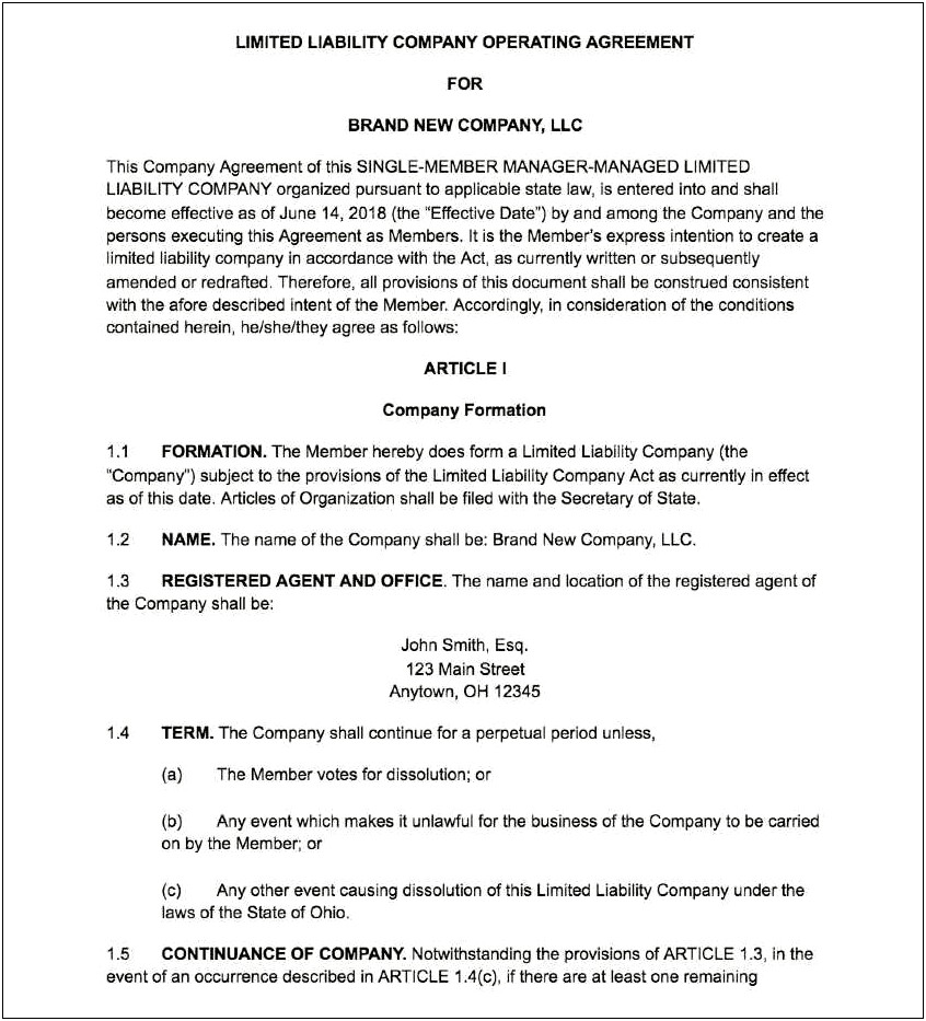 Member Managed Llc Operating Agreement Free Template